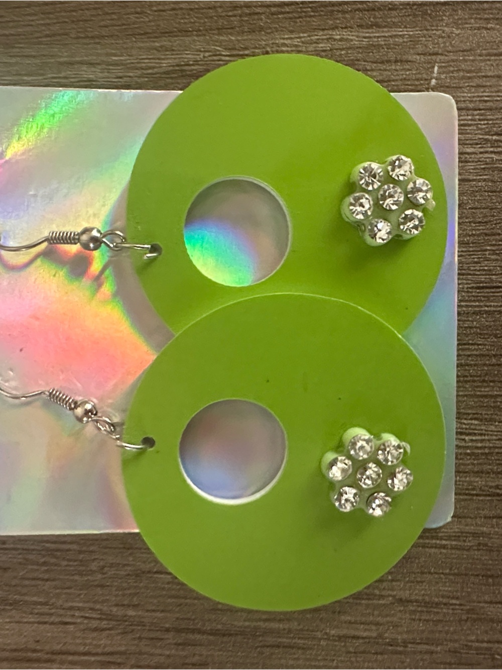 Lime Green Round Dangle Earrings with Rhinestone Flower Accent